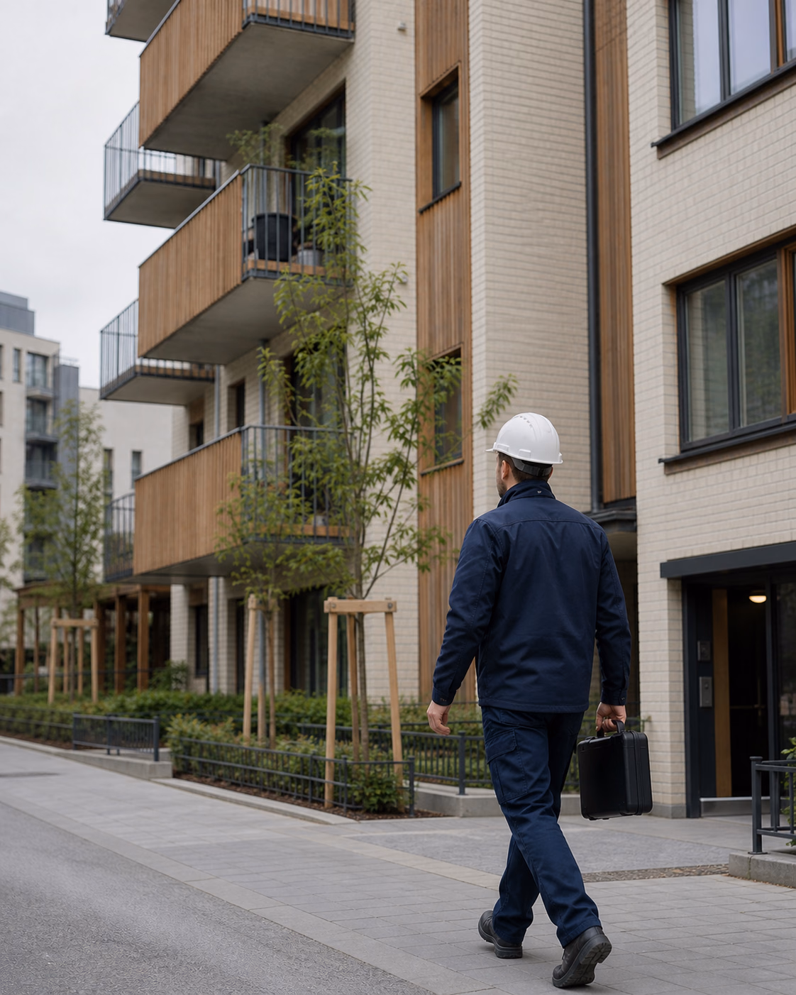 Besiktningsman med skyddshjälm som anländer till ett modernt flerbostadshus